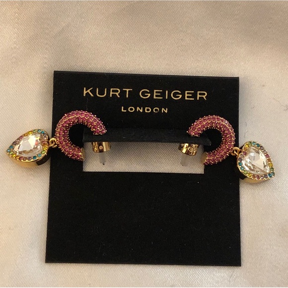 Kurt Geiger Gold Tone Pink Crystal Huggie Hoops With Heart Crystal Charm NWT - Picture 1 of 12